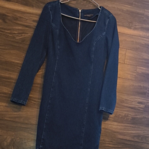 GUESS Denim Long Sleeve Bodycon Dress - Dark Wash - Size Large - Picture 3 of 10